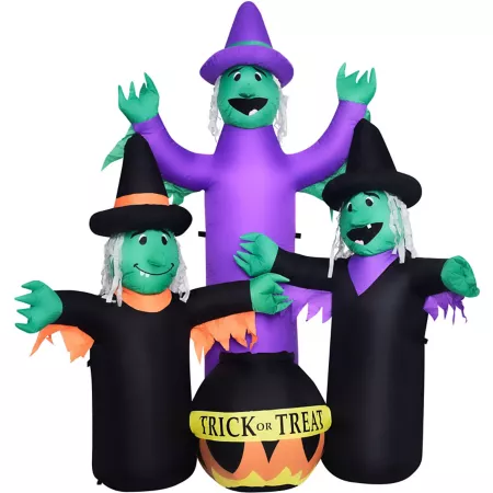 Haunted Hill Farm 6 Foot Pre-Lit Inflatable Witch Trio with Cauldron Halloween Inflatables