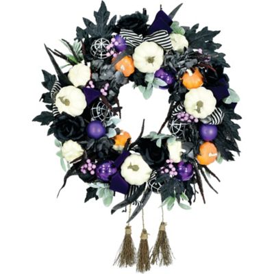 Haunted Hill Farm 24 in. Halloween Wreath with Pumpkins, Brooms, and Black Leaves