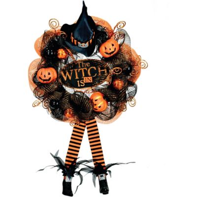 Haunted Hill Farm 24 in. Halloween Wreath with Witch Hat and Legs, Pumpkins, and Ornaments