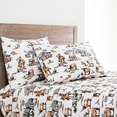 Image showing  Ranch Life 100% Cotton Horse Longhorn Western Print Bedding 3 pc. or 4 pc. Sheet Set