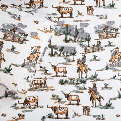 Image showing  Ranch Life 100% Cotton Horse Longhorn Western Print Bedding 3 pc. or 4 pc. Sheet Set