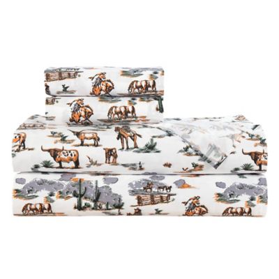 Image showing  Ranch Life 100% Cotton Horse Longhorn Western Print Bedding 3 pc. or 4 pc. Sheet Set