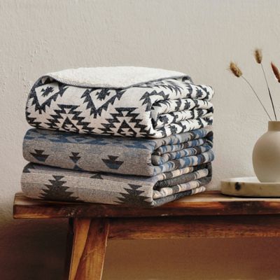 Image showing  Southwest Aztec Design Throw with Sherpa Backing, 50 in. x 60 in., Gray, 1 pc.