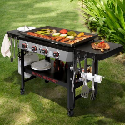 Image showing 9 th Royal Gourmet 4-Burner Propane Gas Flat Top Griddle with Side Shelves and Storage Basket, 732 sq. in., Black