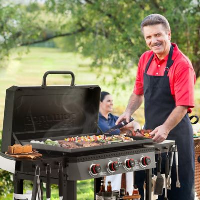 Image showing 8 th Royal Gourmet 4-Burner Propane Gas Flat Top Griddle with Hood, Side Shelves and Storage Basket, 732 sq. in., Black