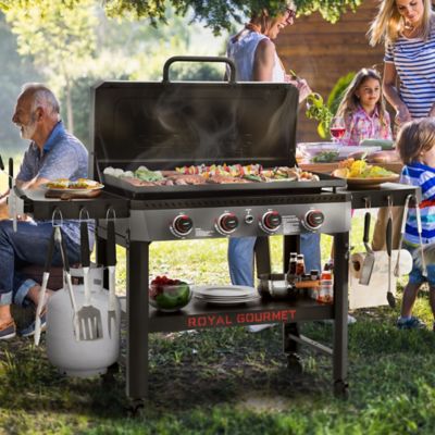 Image showing 9 th Royal Gourmet 4-Burner Propane Gas Flat Top Griddle with Hood, Side Shelves and Storage Basket, 732 sq. in., Black