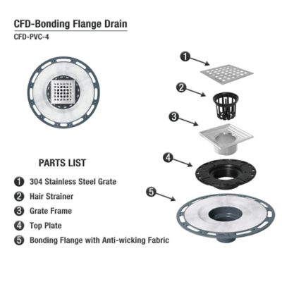 Image showing  4 in. x 4 in. Stainless Steel Square Shower Drain with PVC Bonding Flange, CFD-PVC-4-S06-BR