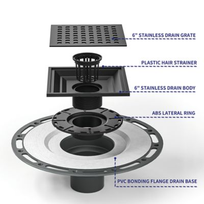 Image showing  6 in. x 6 in. Stainless Steel Square Shower Drain with PVC Bonding Flange, CFD-PVC-6-S06-MB