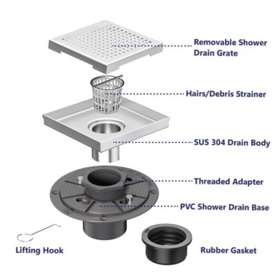 Image showing  6 in. x 6 in. Stainless Steel Square Shower Drain with Square Pattern Surface & PVC Drain Base, ZS3-6-S04-BR-PVC3