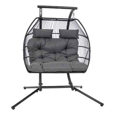 Sunnydaze Decor Polyrattan Andrei Double Egg Chair with Stand and Cushion Gray