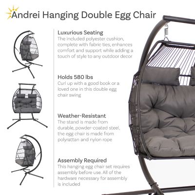 Image showing  Polyrattan Andrei Double Egg Chair with Stand and Cushion Gray