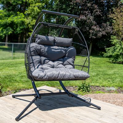 Image showing  Polyrattan Andrei Double Egg Chair with Stand and Cushion Gray