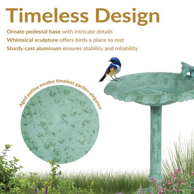 Image showing 5 th Sunnydaze Decor Garden Visitor Metal Bird Bath Green Patina 15 in.