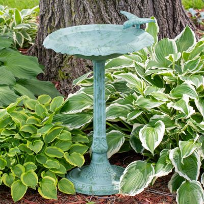 Image showing 8 th Sunnydaze Decor Garden Visitor Metal Bird Bath Green Patina 15 in.