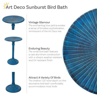 Image showing  Art Deco Sunburst Metal Bird Bath Blue Patina 14 in.