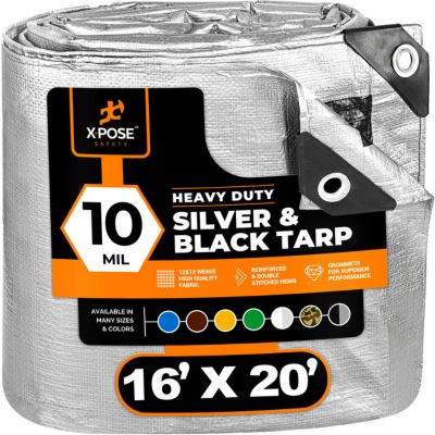 Xpose Safety Poly Tarp Heavy Duty 10 Mil, Silver/Black, 16 x 20 ft.