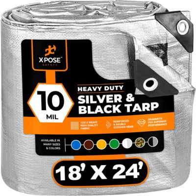 Xpose Safety Poly Tarp Heavy Duty 10 Mil, Silver/Black, 18 x 24 ft.