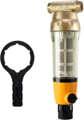 iSpring Large Reusable Whole Spin-down Sediment Water Filter with Scraper and Brass Top Clear Housing, 50 Micron