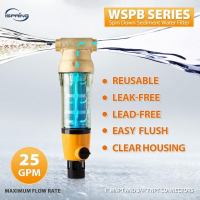 Image showing  Large Reusable Whole Spin-down Sediment Water Filter with Scraper and Brass Top Clear Housing, 50 Micron