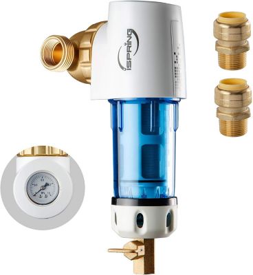 iSpring Reusable Spin Down Sediment Water Filter with Push-Fit Plumbing Fittings, WSP50GR ACPF12MPT12X2