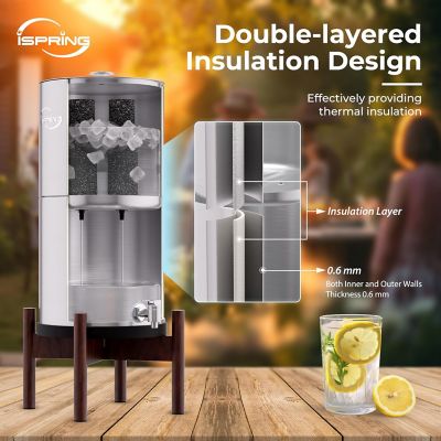 Image showing  Gravity-Fed Stainless Steel Countertop Water Filter System with Dark Wood Base