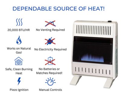 Image showing  Ventless Natural Gas Blue Flame Heater with Base Feet - 20,000 BTU, Manual Control