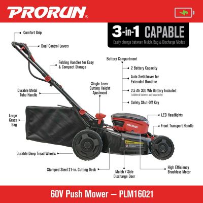 Image showing  60V 21-in. Steel Deck Cordless Push Lawn Mower with 2.5 Ah Battery and Charger