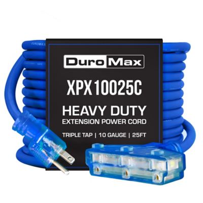 DuroMax XPX10025C Heavy Duty SJEOOW 25 ft. 10 ga. Blue Triple Tap Lighted Extension Power Cord