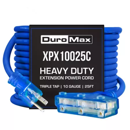 DuroMax XPX10025C SJEOOW Heavy Duty 25 ft 10 ga Blue Triple Tap Illuminated Power Extension Cord Extension Cords