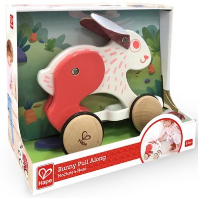 Image showing  Pull Along - Bunny - White & Red - Wooden Animal Toy