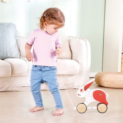 Image showing  Pull Along - Bunny - White & Red - Wooden Animal Toy