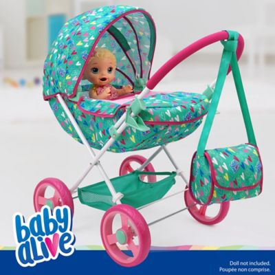Image showing  Deluxe Classic Doll Pram - Green, Pink, Hearts, Age 3 Plus