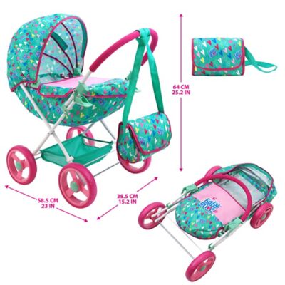 Image showing  Deluxe Classic Doll Pram - Green, Pink, Hearts, Age 3 Plus