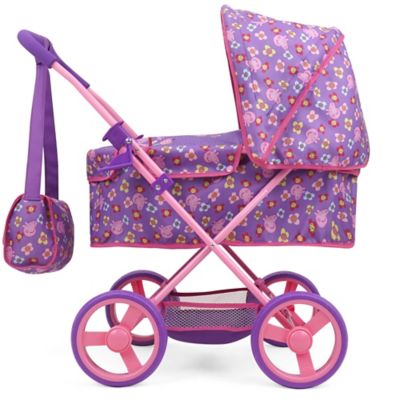 Image showing  Doll Deluxe Pram & Bag - Purple, Pink, Flowers, Age 3 Plus