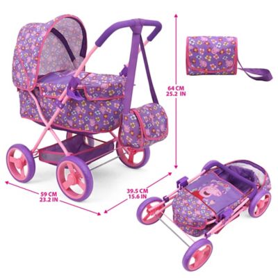 Image showing  Doll Deluxe Pram & Bag - Purple, Pink, Flowers, Age 3 Plus