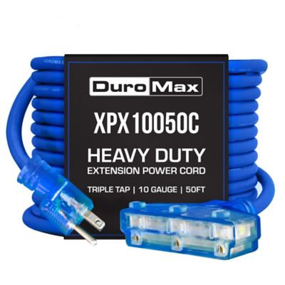 DuroMax XPX10050C Heavy Duty SJEOOW 50 ft. 10 ga. Blue Triple Tap Lighted Extension Power Cord