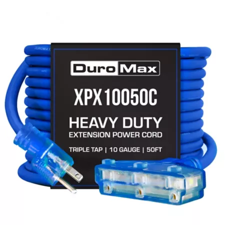 DuroMax XPX10050C SJEOOW Heavy Duty 50 ft 10 ga Blue Triple Tap Illuminated Power Extension Cord Extension Cords