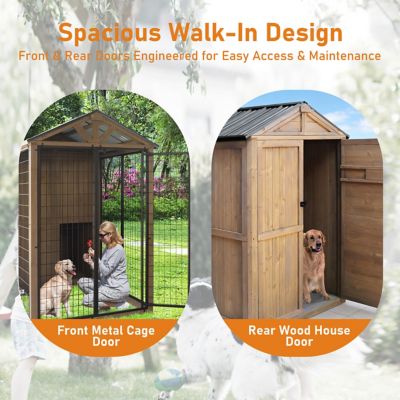 Image showing  4 x 8ft. Walk-in Cedar Wood Dog Kennel Outdoor Dog House with Metal Roof and Viewing Window