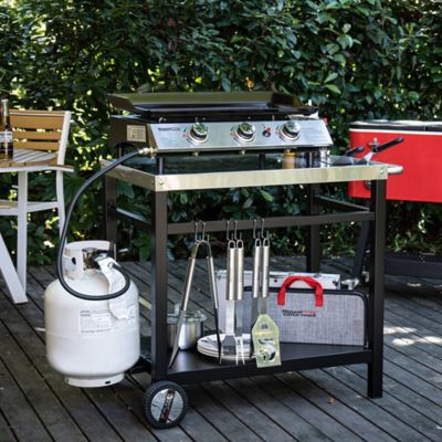Image showing  Double Shelf Movable Dining Cart Work Table with Handle Outdoor Kitchen Prep Trolley Storage