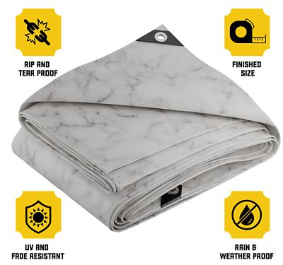 Image showing  Extreme Heavy Duty 20 Mil 10X10 Inch White Marble Design Print Poly Tarp Cover, Waterproof, UV Resistant