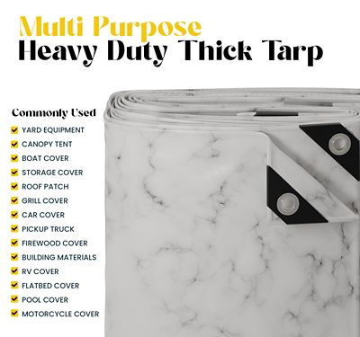 Image showing  Extreme Heavy Duty 20 Mil 10X10 Inch White Marble Design Print Poly Tarp Cover, Waterproof, UV Resistant
