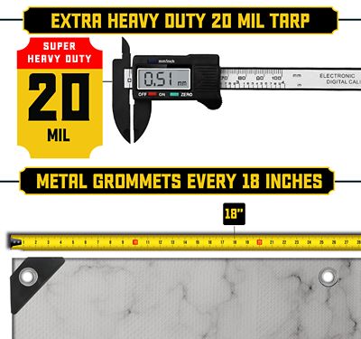 Image showing  Extreme Heavy Duty 20 Mil 10X20 Inch White Marble Design Print Poly Tarp Cover, Waterproof, UV Resistant