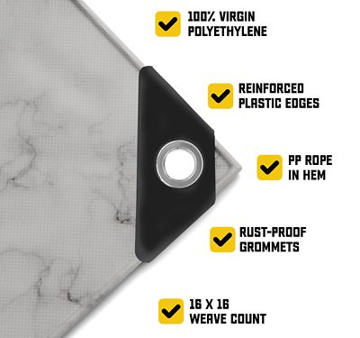 Image showing  Extreme Heavy Duty 20 Mil 40X40 Inch White Marble Design Print Poly Tarp Cover, Waterproof, UV Resistant