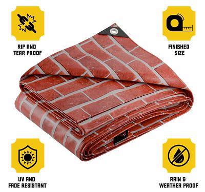 Image showing 2 th Core Tarps Extreme Heavy Duty 20 Mil 10X10 Inch Red Brick Design Print Poly Tarp Cover, Waterproof, UV Resistant