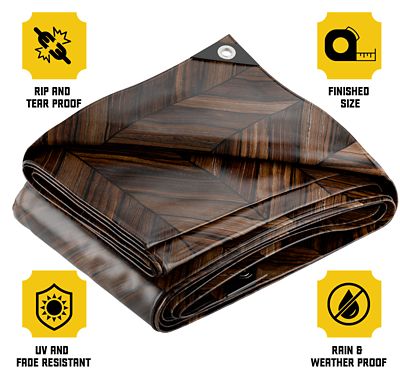 Image showing  Extreme Heavy Duty 20 Mil 10X12 Inch Brown Wood Design Print Poly Tarp Cover, Waterproof, UV Resistant