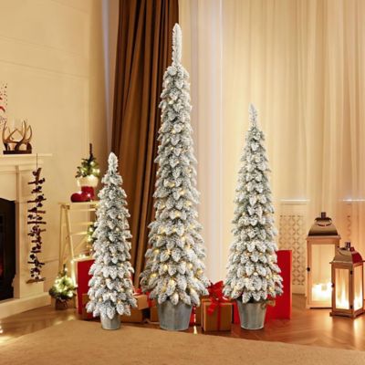 Image showing 3 pc. Snow-Flocked Slim Artificial Tree Set with Battery Operated Lights