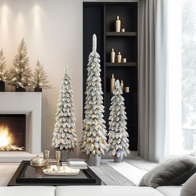 Image showing 3 pc. Snow-Flocked Slim Artificial Tree Set with Battery Operated Lights