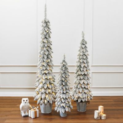 Image showing 3 pc. Snow-Flocked Slim Artificial Tree Set with Battery Operated Lights
