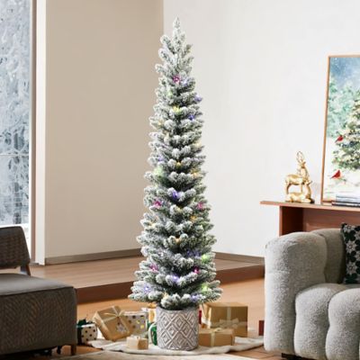 Image showing 5 ft. Flocked Artificial Tree Potted with Multi-Color Lights