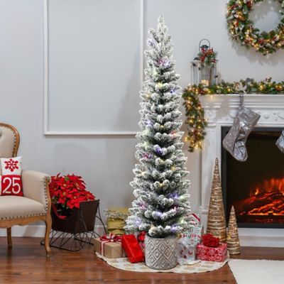 Image showing 5 ft. Flocked Artificial Tree Potted with Multi-Color Lights